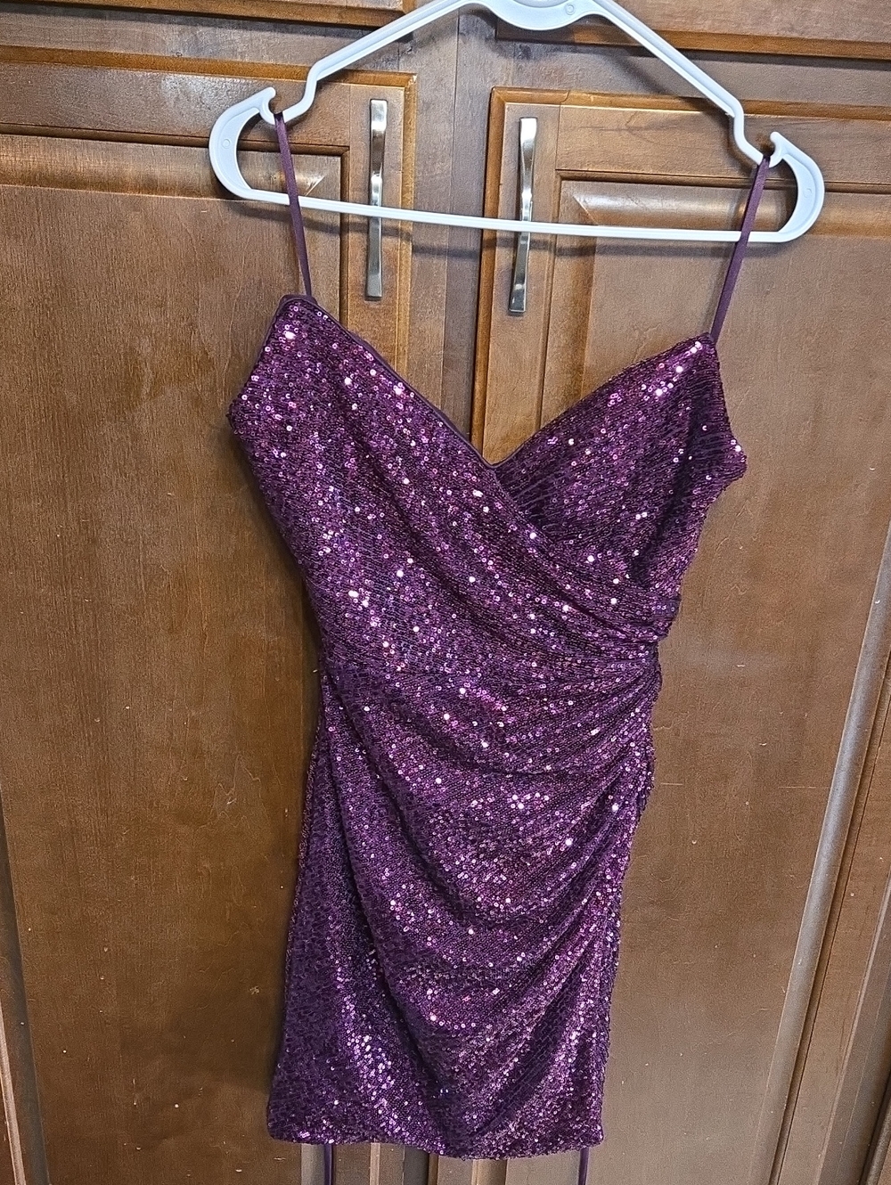 La Femme Plum Sequin Ruched Spaghetti-Strap Mini Dress